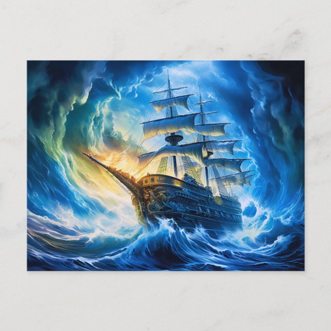 Ship in Glowing Blue Ocean Fantasy Painting Postkarte (Vorderseite)