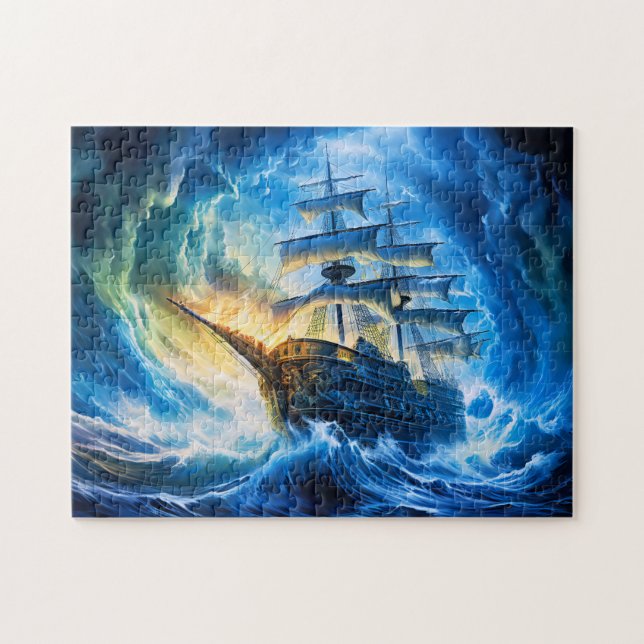 Ship in Glowing Blue Ocean Fantasy Painting Puzzle (Horizontal)