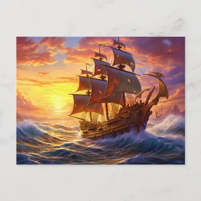 Ship in Golden Sunset Storm Fantasy Painting Postkarte (Vorderseite)