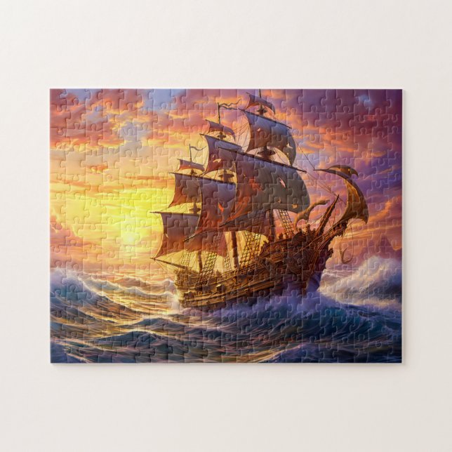 Ship in Golden Sunset Storm Fantasy Painting Puzzle (Horizontal)