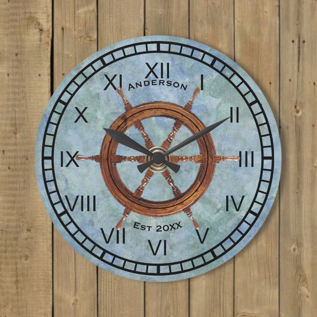Ship’s Helm Nautical Wall Clock Blue Große Wanduhr (Von Creator hochgeladen)