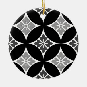Shippo mit Blume Motif, Schwarz, Weiß und Grau Keramik Ornament