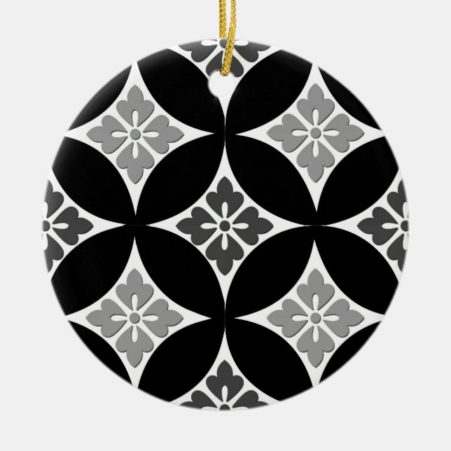 Shippo mit Blume Motif, Schwarz, Weiß und Grau Keramik Ornament (Vorne)