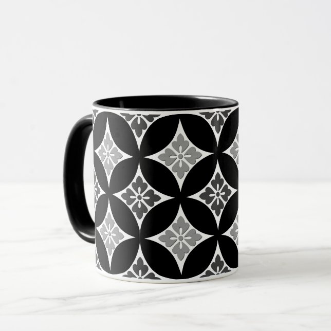 Shippo mit Blume Motif, Schwarz, Weiß und Grau Tasse (Vorderseite Links)