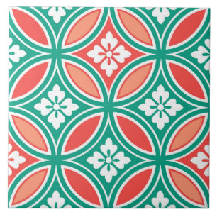 Shippo mit Blumen-Motiv, Türkis und Koralle Fliese