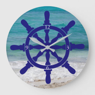 Ship's Wheel Ocean Background Large Clock Große Wanduhr