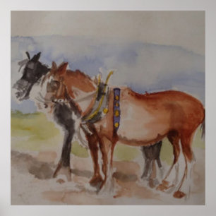 Shire Horses bei Pflüge Match Wasserfarbe Skizze Poster