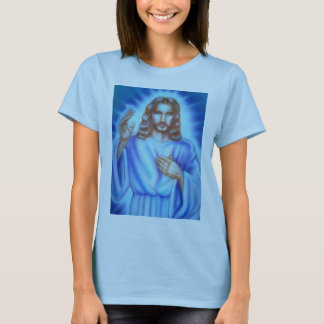 Shirt blauer Dame mit Jesus-Bild