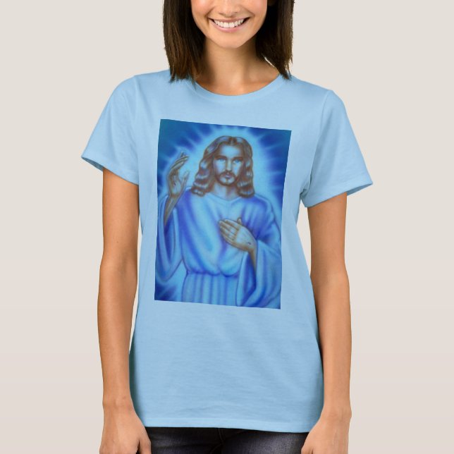 Shirt blauer Dame mit Jesus-Bild (Vorderseite)