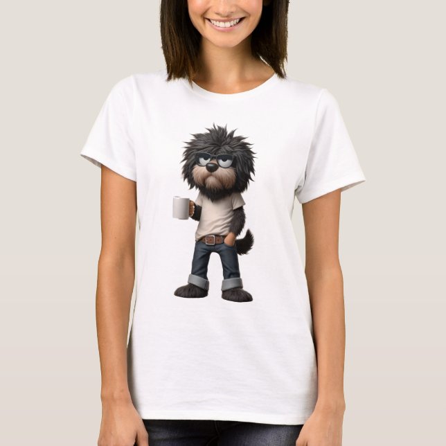 Shirt mit Hund der eine Tasse in der Hand hat. (Vorderseite)