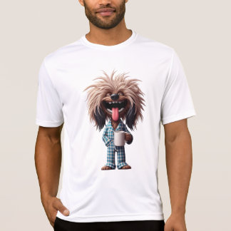 Shirt mit Hund der eine Tasse in der Hand hat.