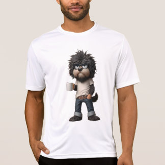 Shirt mit Hund der eine Tasse in der Hand hat.