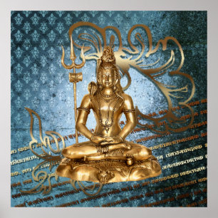 Shiva - blau, Damast, Goldplakat Poster