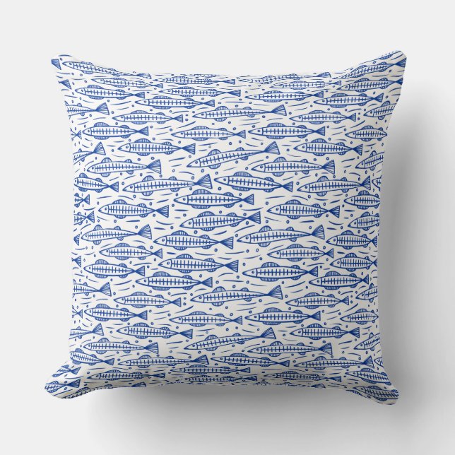 Shoal Fish Pattern - Navy Blue on White Kissen (Vorderseite)