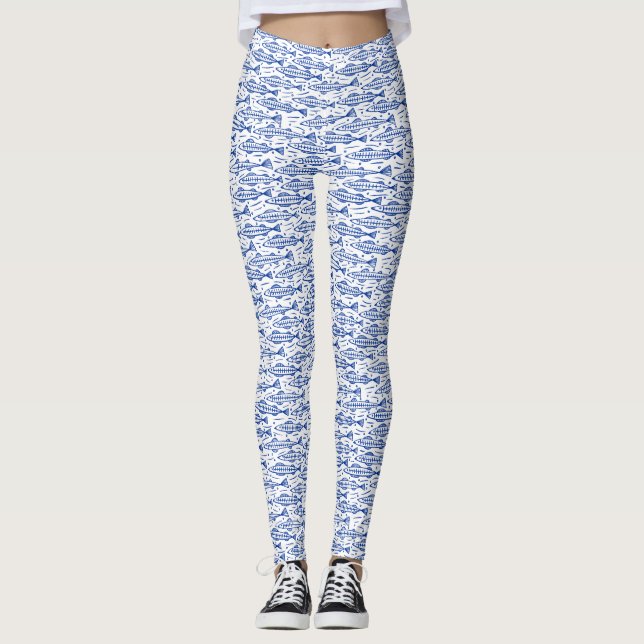 Shoal Fish Pattern - Navy Blue on White Leggings (Vorderseite)