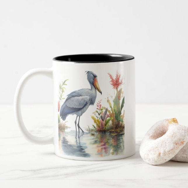 Shoebill Stork Wasserfarbe Malerei Zweifarbige Tasse (Mit Donut)