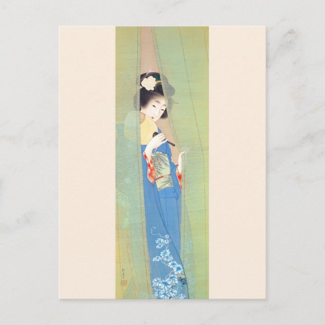 Shoen Uemura 上村松園 夏 着物 女性 舞妓 芸者 日本画 美人画 浮世絵 青 緑 Postkarte (Vorderseite)