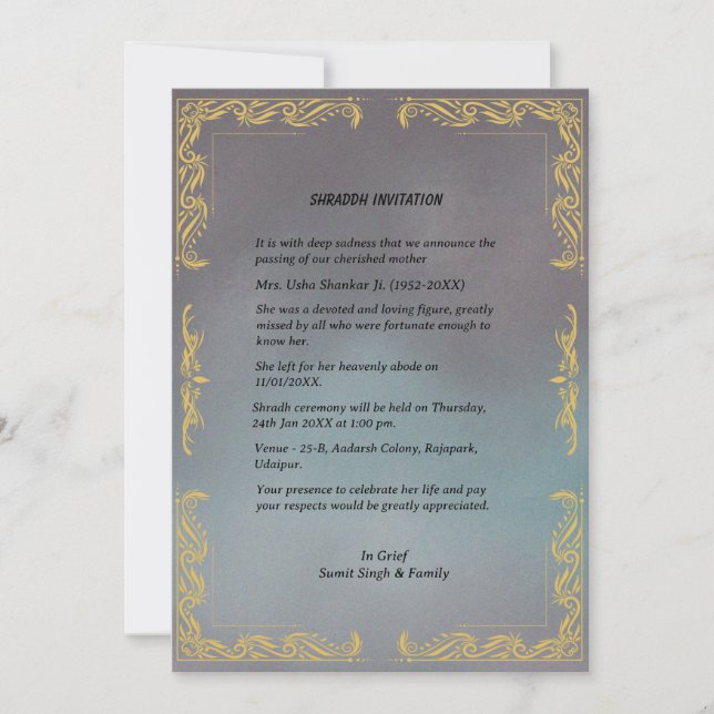 Shok Sandesh Hindu Shraddh Einladung (Vorderseite)