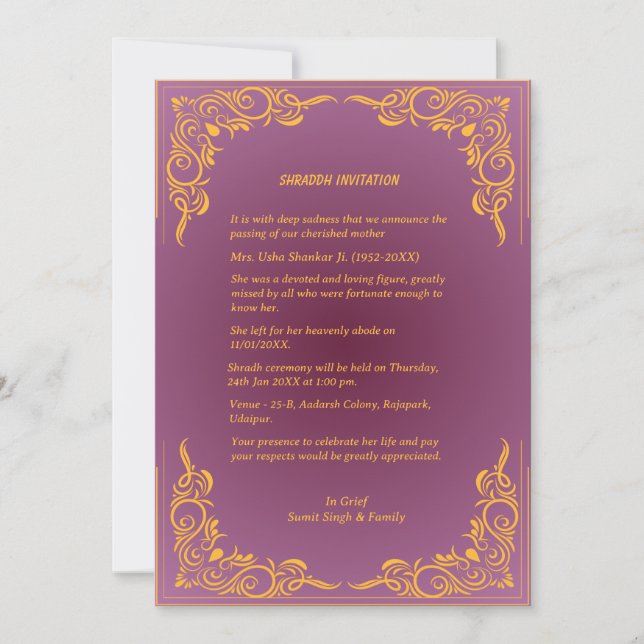 Shok Sandesh Hindu Shraddh Einladung (Vorderseite)
