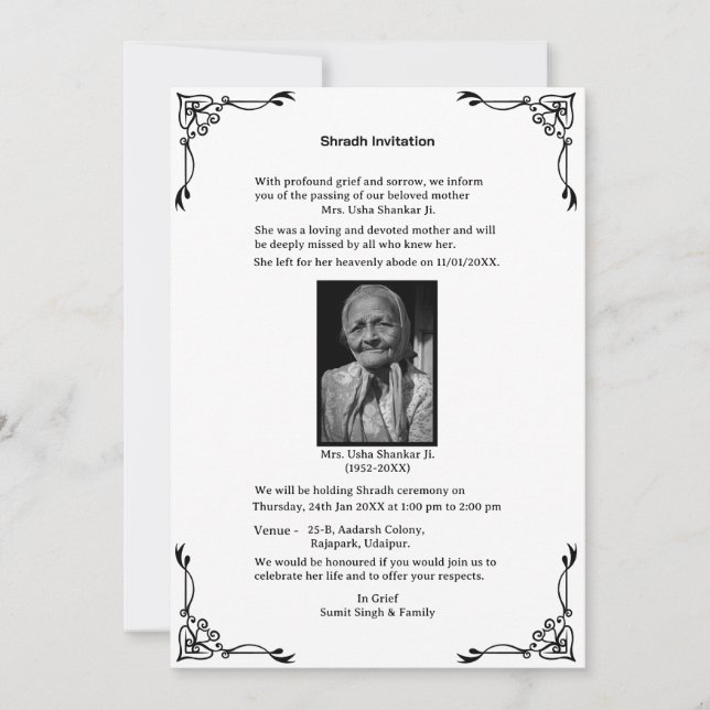 Shok Sandesh Hindu Shraddh Einladung (Vorderseite)