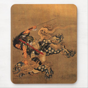 Shoki, das einen Shishi Löwe reitet Mousepad