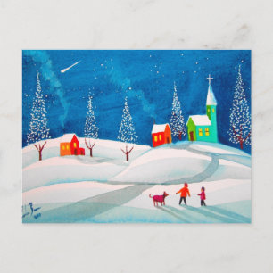 Shooting Star Folk Naive Kunst Winterschneeszene Postkarte