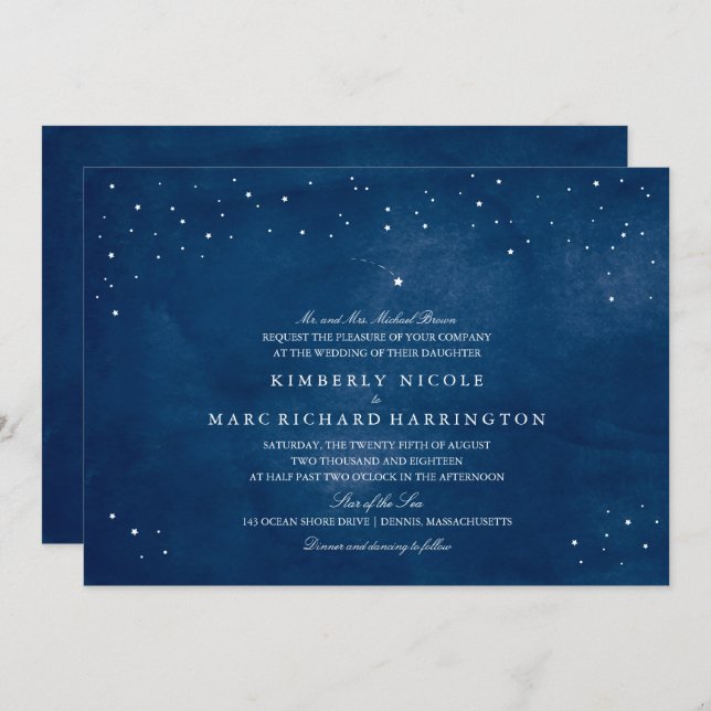 Shooting Star Navy Blue Watercolor Hochzeit Einladung (Vorne/Hinten)