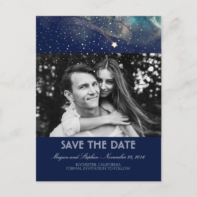 Shooting Star Starry Night Foto Save the Date Ankündigungspostkarte (Vorderseite)