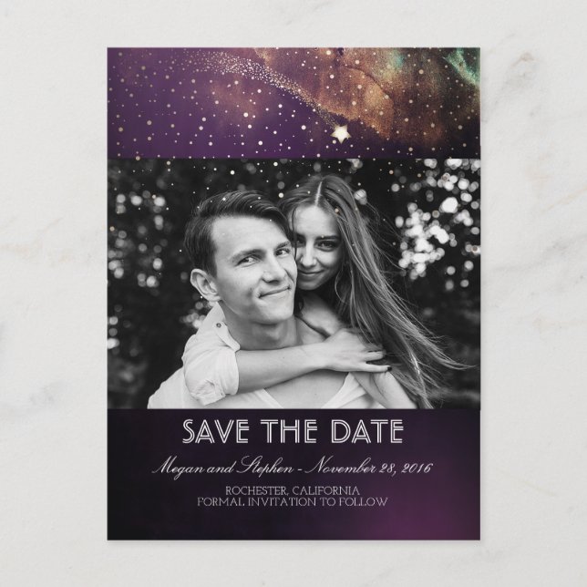 Shooting Star Starry Night Foto Save the Date Ankündigungspostkarte (Vorderseite)