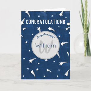 Shooting Stars Navy Blue Watercolor Monogram Karte