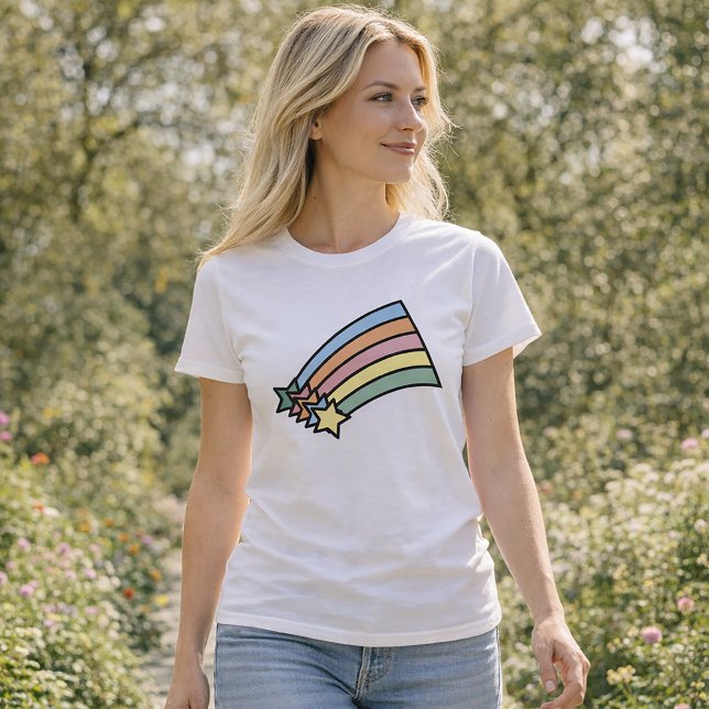 Shooting Stars Rainbow Longsleeve T - Shirt (A shirt with shooting stars and a rainbow in pastel colors.)