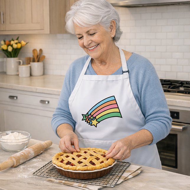 Shooting Stars Rainbow Schürze (An apron with a graphic of shooting stars and a rainbow in pastel colors.)