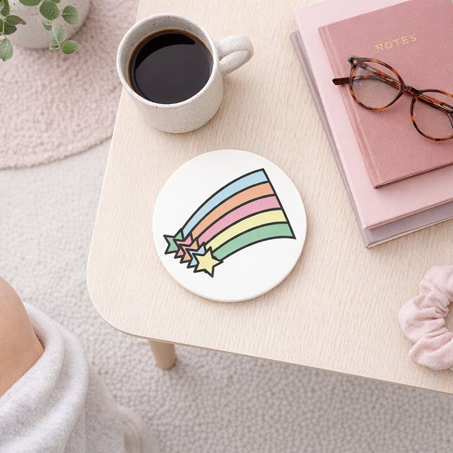 Shooting Stars Rainbow Untersetzer (A coaster with pastel stars and a rainbow.)