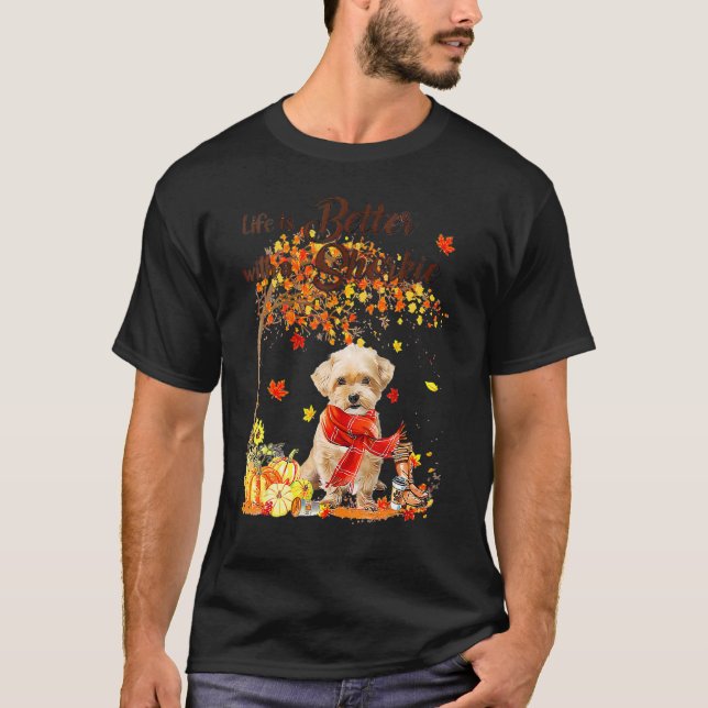 Shorkie Maple Tree Thanksgiving Day Cute Dog Fall T-Shirt (Vorderseite)