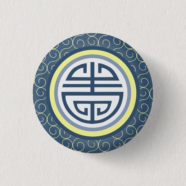Shou Chinese Longevity Symbol - Blau und Gelb Button (Vorderseite)