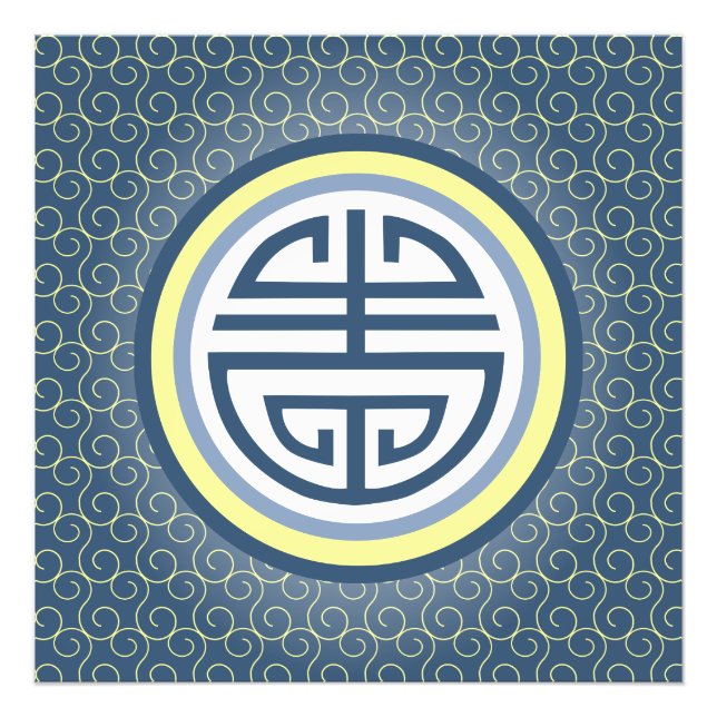 Shou Chinese Longevity Symbol - Blau und Gelb Fotodruck (Vorne)