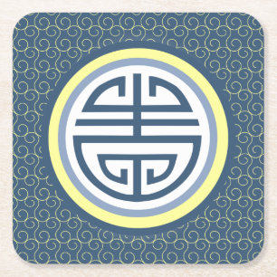 Shou Chinese Longevity Symbol - Blau und Gelb Rechteckiger Pappuntersetzer