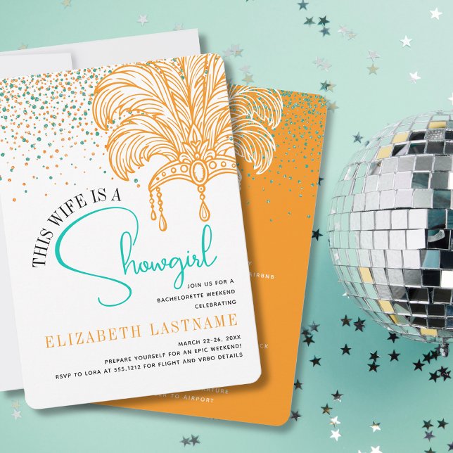 Showgirl Bride Era Orange Aquamarin Junggeselinnen Einladung (Showgirl Bride Era Orange Teal Bachelorette Party Invitation)