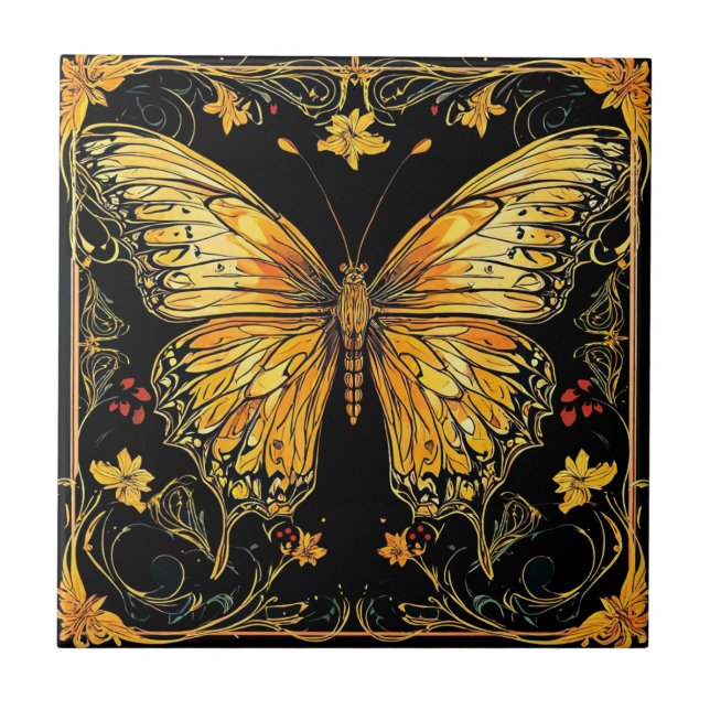 Showy Art Deco Nouveau Butterfly Keramik Tile Fliese (Vorderseite)