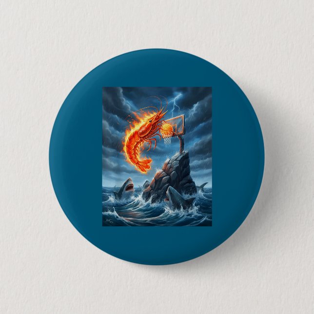 Shrimp Dunking On Shark Funny Fishing Meme Basketb Button (Vorderseite)