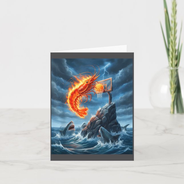 Shrimp Dunking On Shark Funny Fishing Meme Basketb Karte (Vorderseite)