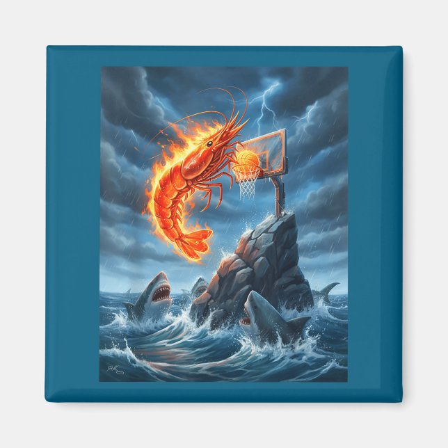 Shrimp Dunking On Shark Funny Fishing Meme Basketb Magnet (Vorne)