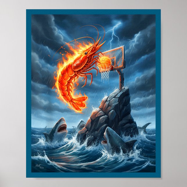 Shrimp Dunking On Shark Funny Fishing Meme Basketb Poster (Vorne)