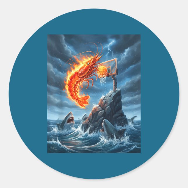 Shrimp Dunking On Shark Funny Fishing Meme Basketb Runder Aufkleber (Vorderseite)