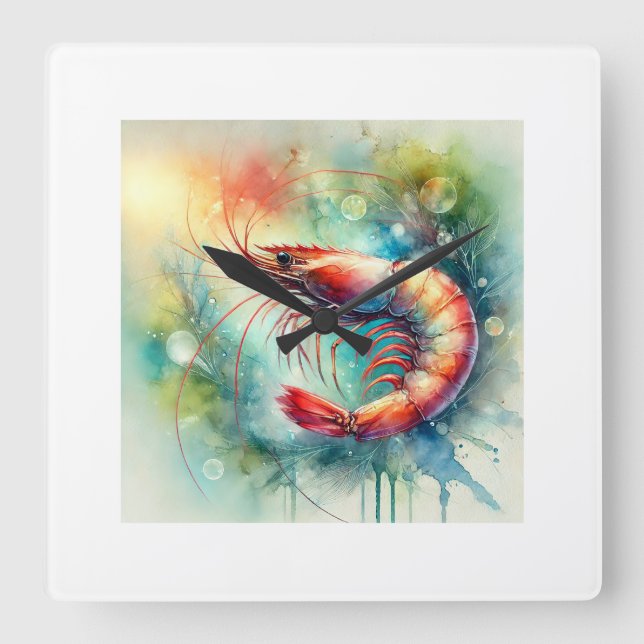Shrimp in Watercolor 161024AREF148 - Watercolor Quadratische Wanduhr (Vorderseite)