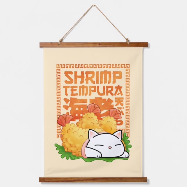 Shrimp Tempura Cat Wandteppich Mit Holzrahmen (Vorderseite)