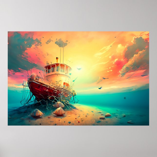 Shrimpenboot bei Sunset Poster (Vorne)