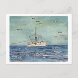 Shrimpenboot Wasserfarbe. Postkarte. Postkarte
