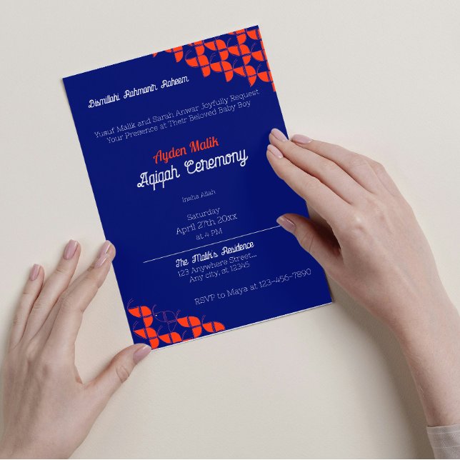 SHRIMPLY Blue Orange Muster, Aqiqah Baby Dusche Einladung (Von Creator hochgeladen)