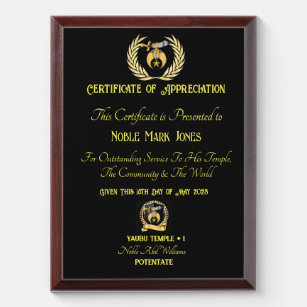 Shriners Certificate of Value Award